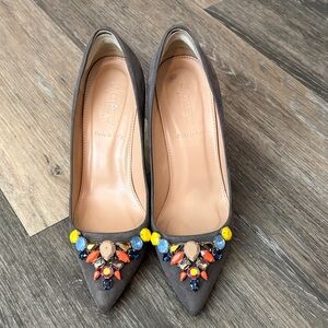 J. Crew Charcoal Heels with Vibrant Embellishments
